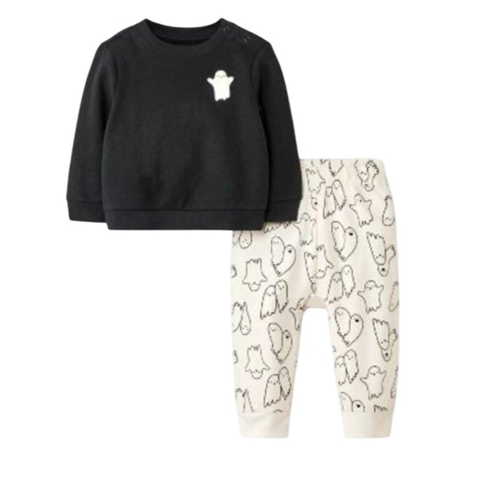 Cat & Jack Baby 0-3M Ghost Sweatshirt and Joggers Halloween Outfit Set Black NWT